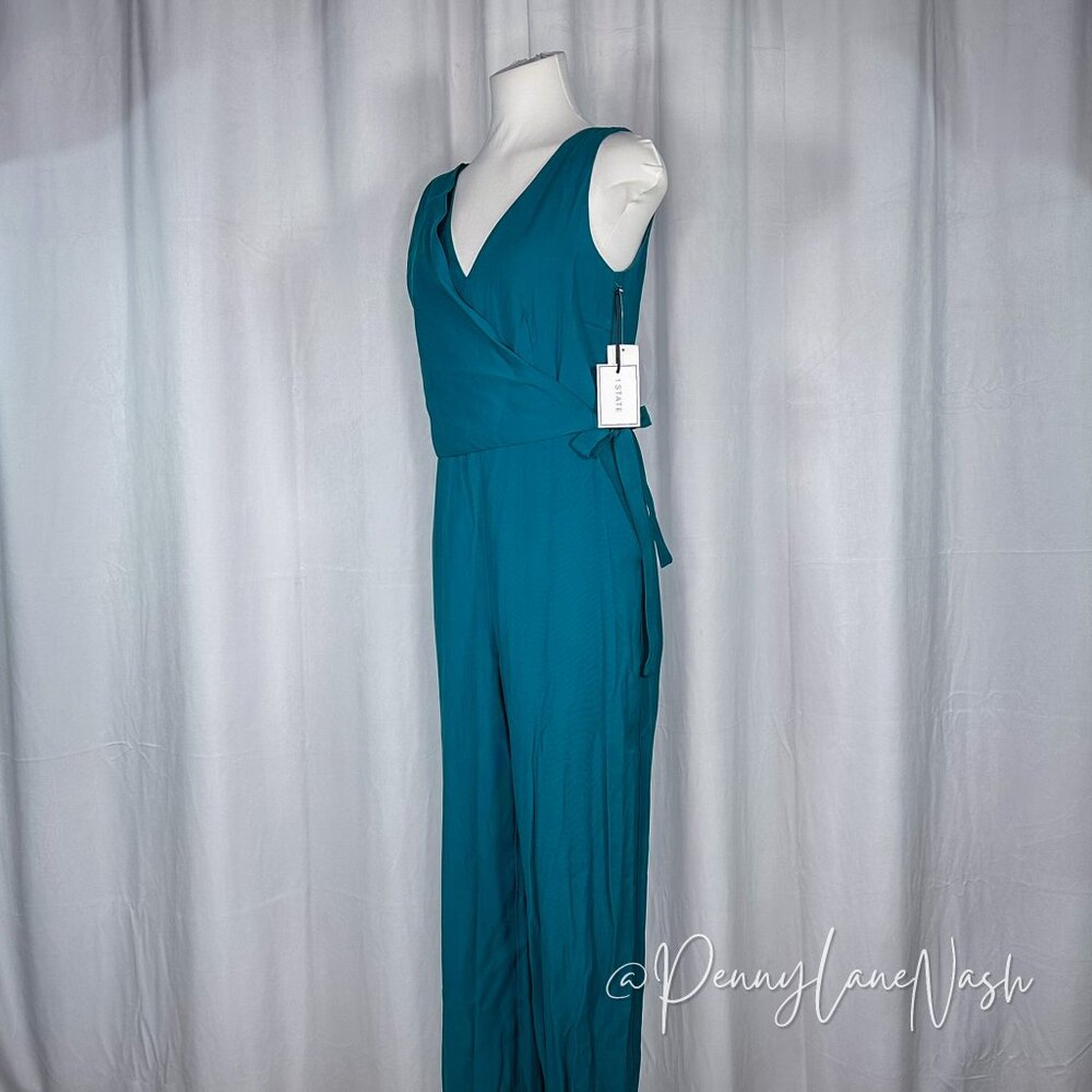 NWT 1.State Sleeveless Twill V Neck Wrap Jumpsuit Teal Size 2 - Picture 9 of 15